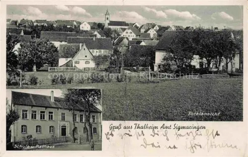 AK / Ansichtskarte Thalheim Leibertingen Sigmaringen BW Totalansicht Schule Rathaus Kirche Daecher Felder Ortschaft