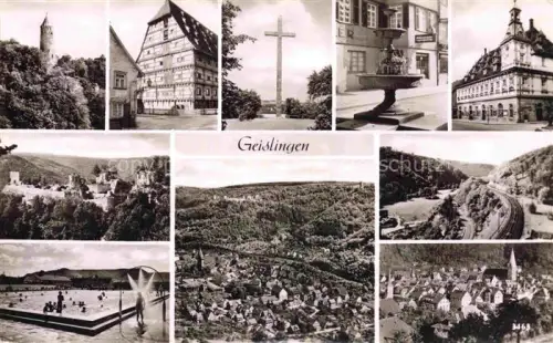 AK / Ansichtskarte GEISLINGEN  Steige BW Turm Fachwerkhaus Kreuz Brunnen Rathaus Burgruine Fliegeraufnahme Freibad Panorama Eisenbahn