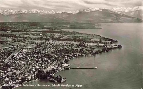 AK / Ansichtskarte Langenargen Bodensee Kurhaus Schloss-Montfort Bodensee Alpen Hafen Luftbild Ortschaft