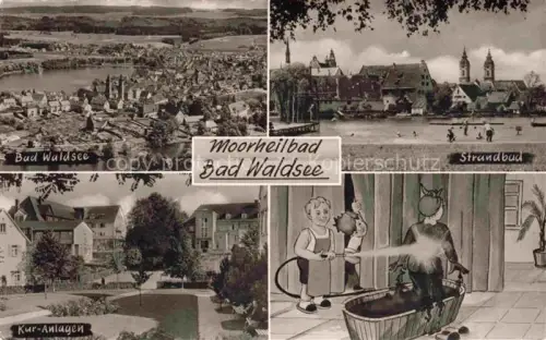 AK / Ansichtskarte Bad Waldsee Moorheilbad Strandbad Kur-Anlagen Fliegeraufnahme See Kirche Stadtansicht Maskottchen