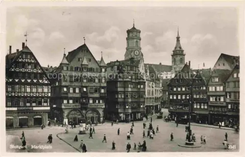 AK / Ansichtskarte STUTTGART  CITY Marktplatz Fachwerkhaus Kirchturm Rathaus Passanten Geschaefte Stiftskirche