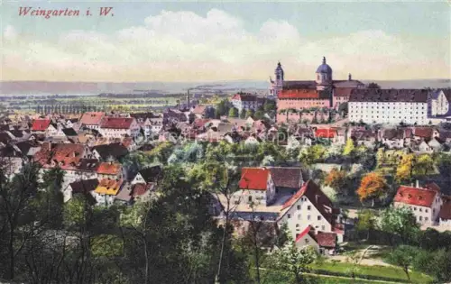 AK / Ansichtskarte Weingarten Wuerttemberg Basilika Kloster Stadtansicht Daecher Baeume Huegelland