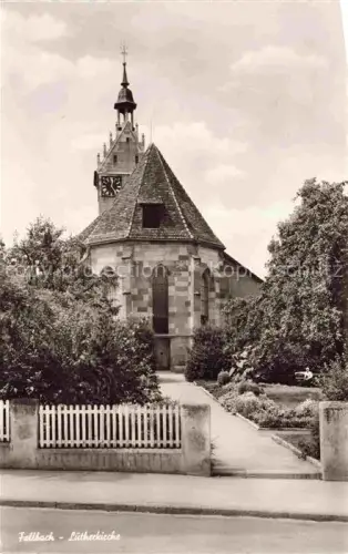 AK / Ansichtskarte Fellbach BW Lutherkirche Kirchturm Uhr Garten Zaun Baeume