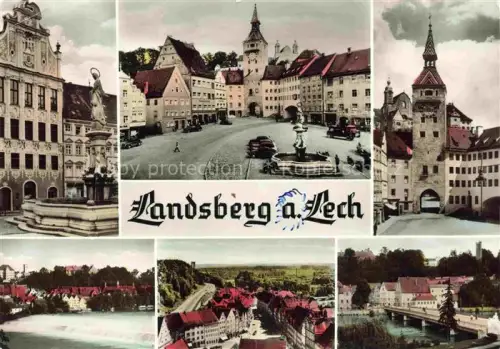 AK / Ansichtskarte Landsberg Lech Bayern Rathaus Marienbrunnen Marktplatz Bayertor Stadttor Stadtpanorama Lech Stadtansicht