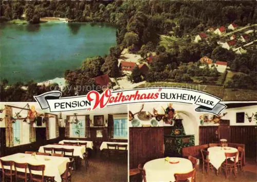 AK / Ansichtskarte Buxheim Iller Memmingen Schwaben Bayern Pension-Weiherhaus See Gaststube Speisesaal Wald Strandbad Luftbild
