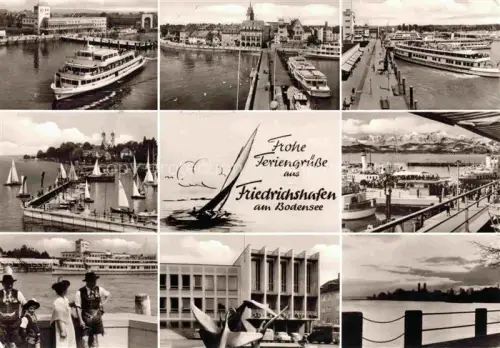 AK / Ansichtskarte FRIEDRICHSHAFEN Bodensee BW Fahrgastschiff Bodensee Hafen Segelboote Pier Tracht Messegebaeude Berge Mehrbild
