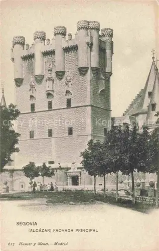 AK / Ansichtskarte Segovia Castilla y Leon ES Alcazar Fachada-Principal Burg Turm Zinnen Treppeneingang Baeume