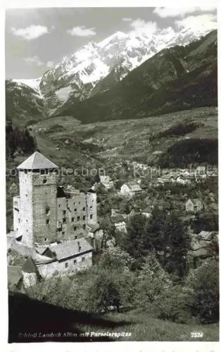 AK / Ansichtskarte Schloss Landeck Tirol AT Schloss-Landeck Parseielspitze Turm Bergpanorama Tal Dorf Schneeberge