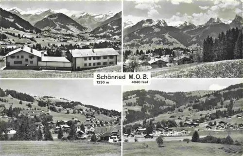 AK / Ansichtskarte Schoenried 1230m Gstaad Saanen BE Ortsansicht Berge Alpen Tal Chalet Wintersportort Mehrbildkarte MOB-Bahn