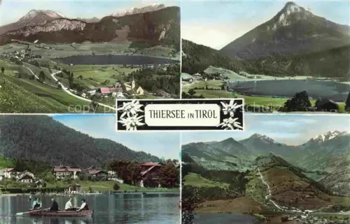 AK / Ansichtskarte Thiersee Tirol AT See Berge Talblick Ruderboot Kirche Edelweiss Tirol Alpen
