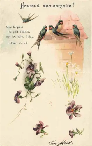 AK / Ansichtskarte Schwalben Swallow Hirondelle Golondria Voegel Birds Oiseaux Heureux annivergaire Litho 