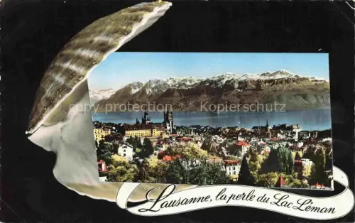 AK / Ansichtskarte LAUSANNE VD Lac-Léman Stadtpanorama Kathedrale Berge See Alpen Muschel-Rahmen