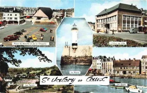 AK / Ansichtskarte Saint-Valery-en-Caux St-Valery-en-Caux 76 Seine-Maritime Place-du-Marché-et-de-la-Chapelle Hôtel-de-Ville Phare Quais Tennis Hafen Leuchtturm