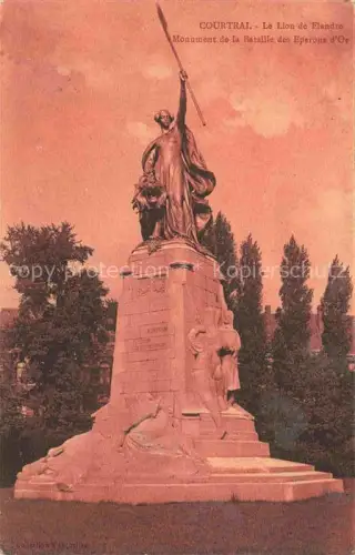 AK / Ansichtskarte Courtrai KORTRIJK Flandre Belgie Lion-de-Flandre Monument Bataille-des-Eperons-d Or Denkmal Skulptur Ritter Baeume handkoloriert