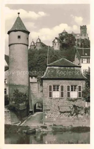 AK / Ansichtskarte Wertheim Main BW Tauberpartie Tauber Turm Schloss Stadtmauer Boot Fluss Baeume