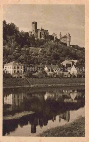 AK / Ansichtskarte Wertheim Main BW Schlossruine Buergruine Main Eisenbahnbruecke Spiegelung Fluss Baeume