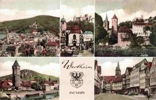 AK / Ansichtskarte Wertheim Main BW Total Museum Tauberpartie Marktplatz Schloss Turm Fachwerk Wappen