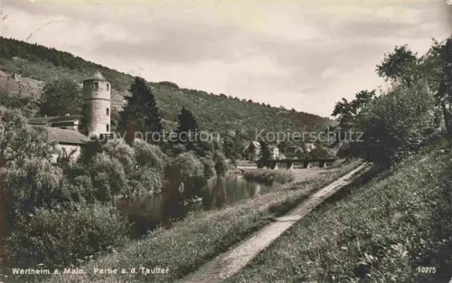 AK / Ansichtskarte Wertheim Main BW Tauber Fluss Turm Wehrturm Weg Baeume Weinberge Boot