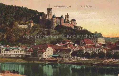 AK / Ansichtskarte Wertheim Main BW Schlossruine Burg Main Fluss Stadtansicht Weinberge Hafen Handkoloriert