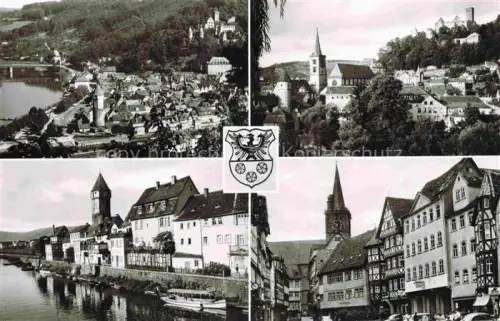 AK / Ansichtskarte Wertheim Main BW Stadtpanorama Kirche Stadtturm Tauber Marktplatz Fachwerkhaeuser Wappen Mehrbildkarte