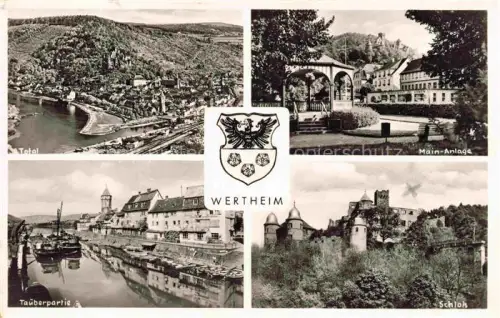 AK / Ansichtskarte Wertheim Main BW Main-Anlage Tauberpartie Schloss Turm Kiosk Wappen Luftbild
