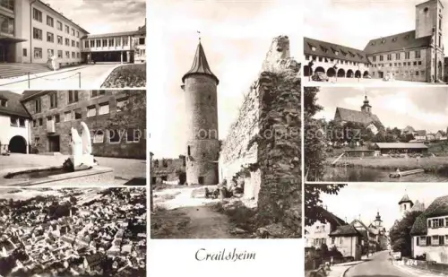 AK / Ansichtskarte Crailsheim BW Stadtmauer Wehrturm Rathaus Stadtansicht Kirche Skulptur