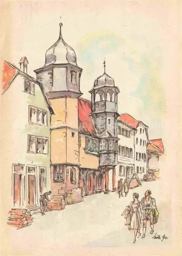 AK / Ansichtskarte Stadtprozelten Main Bayern Rathaus Turm Altstadt Zeichnung Passanten