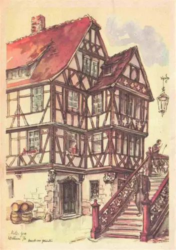 AK / Ansichtskarte Wertheim Main BW Haus-der-Vier-Gekroenten Fachwerk Treppe Laterne Zeichnung