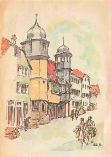 AK / Ansichtskarte Stadtprozelten Main Bayern Rathaus Turm Altstadt Zeichnung Passanten