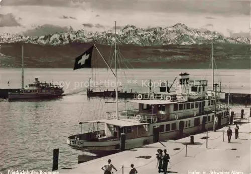 AK / Ansichtskarte FRIEDRICHSHAFEN Bodensee BW Hafen Bodensee Schweizer-Alpen Dampfer Zuerich Schweizer-Fahne Schiffe Berge