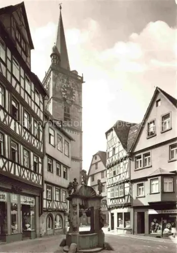 AK / Ansichtskarte Wertheim Main BW Engelbrunnen Kirchturm Fachwerkhaus Marktplatz Brunnen Geschaefte Altstadt Uhr