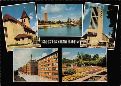 AK / Ansichtskarte Kornwestheim Kirche Fluss Bruecke Salamander-Werkschulen Fabrik Blumengarten moderne-Kirche Mehrbildkarte