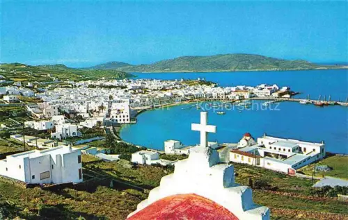 AK / Ansichtskarte Mykonos Micono Myconos Greece Hafen Panorama Weisshauser Aegaeis Kreuz Kirche Boote Insel Olympic-Airways