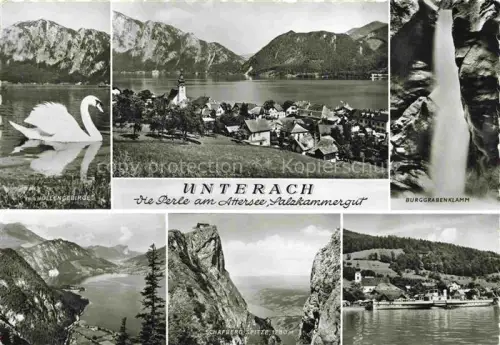 AK / Ansichtskarte Unterach Attersee Oberoesterreich AT Attersee Schwan Hoellgebirge Burggrabenklamm Schafberg-Spitze Dorfansicht Kirche Mehrbild