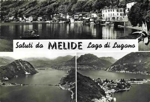 AK / Ansichtskarte Melide Lago di Lugano TI Lago-di-Lugano See Bergdorf Bootsanleger Fliegeraufnahme Huegel Mehrbildkarte
