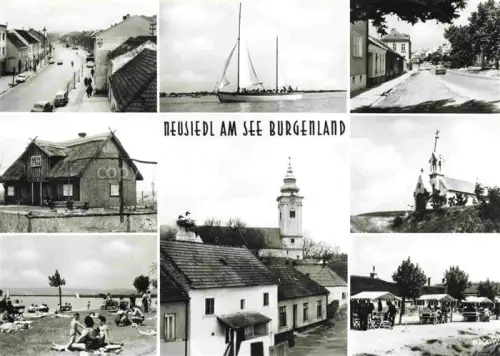 AK / Ansichtskarte Neusiedl See Neusiedler-See Segelboot Kirche Strandhaus Strand Seebad Strasse Ortschaft