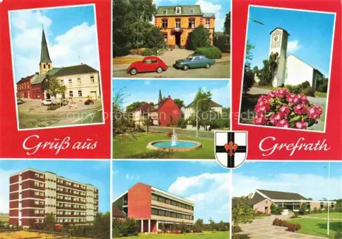 AK / Ansichtskarte Grefrath Niederrhein Viersen Duesseldorf NRW Kirche Marktplatz Brunnen Wohnhochhaus Rathaus Schule Wappen VW-Kaefer