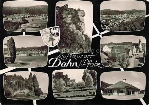 AK / Ansichtskarte Dahn Suedwestpfalz Luftkurort Felsen Panorama Ortsansicht Kirche Bahnhof Wald Mehrbildkarte
