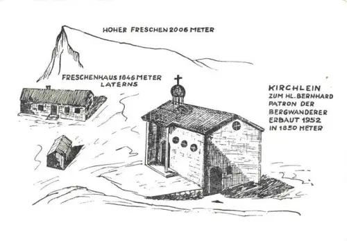 AK / Ansichtskarte Hoher Freschen 2006m Laterns Vorarlberg AT Hoher-Freschen Freschenhaus Kirchlein Hl-Bernhard Bergwanderer Laterns Zeichnung Berghuette