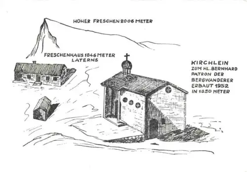 AK / Ansichtskarte Hoher Freschen 2006m Laterns Vorarlberg AT Freschenhaus Kirchlein Hl-Bernhard Bergwanderer Zeichnung