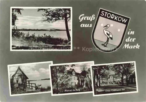 AK / Ansichtskarte Storkow Mark Brandenburg Storkower-See Fischerhaeuschen Burg Ernst-Thaelmann-Str Wappen Storch