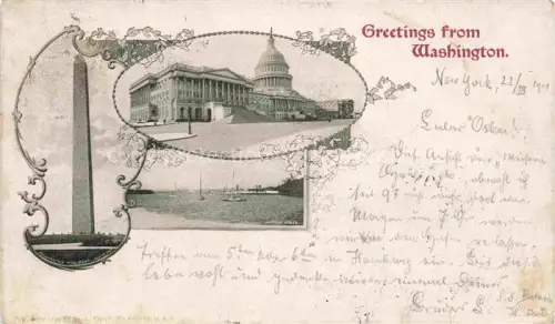 AK / Ansichtskarte WASHINGTON  DC USA Washington-Monument Capitol Potomac-River Dampfschiff Greetings-from Lithographie