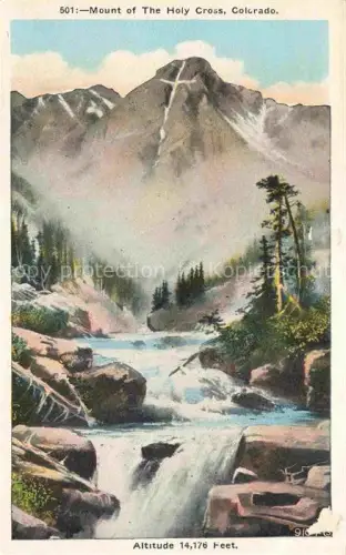AK / Ansichtskarte Mount-of-the-Holy-Cross 4270m Colorado USA Mount-of-the-Holy-Cross Berg Schneekreuz Wasserfall Wildbach Baeume Colorado