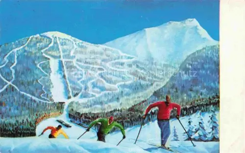 AK / Ansichtskarte Jay Peak Jay Richford Vermont USA Skipiste Skifahrer Berghang Schnee Wald Bergkuppe Wintersport Illustration