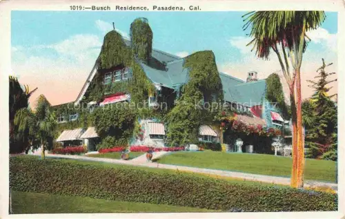 AK / Ansichtskarte Pasadena California USA Busch-Residence Villa Efeu Palmen Rasen Garten Markisen
