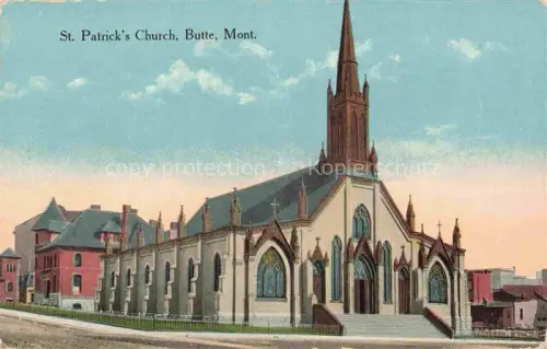 AK / Ansichtskarte Butte Montana USA St-Patricks-Church Kirche Kirchturm Neugotik Treppen Ziegel Zaun