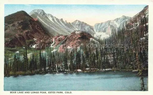 AK / Ansichtskarte Estes Park Colorado USA Bear-Lake Longs-Peak Rocky-Mountain-National-Park Bergsee Nadelwald Schneeberge