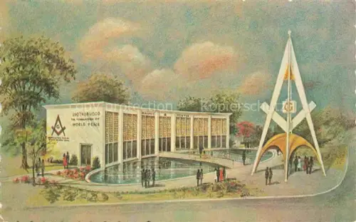 AK / Ansichtskarte Exposition Worlds Fair New York 1964-65 Masonic-Brotherhood-Center Weltausstellung Unisphere Freimaurer Pavillon Skulptur Teich