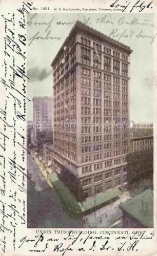 AK / Ansichtskarte Cincinnati Ohio USA Union-Trust-Building Hochhaus Wolkenkratzer Strassenszene Geschaeftsgebaeude Strassenbahn