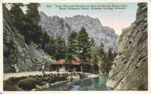 AK / Ansichtskarte Colorado Springs Colorado USA Trout-Pool Pavilion Seven-Falls South-Cheyenne-Canon Felsen Baeume Bach Berglandschaft